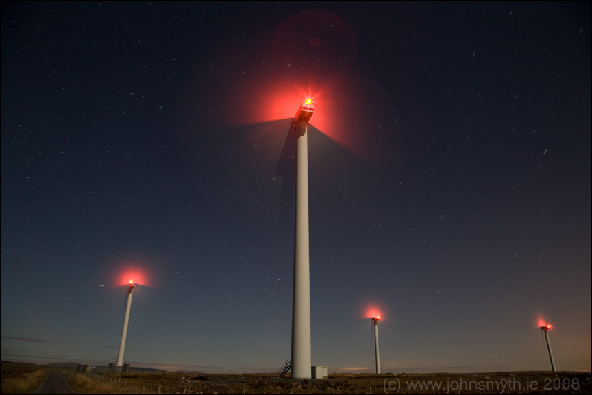 Wind turbines in Galway at night